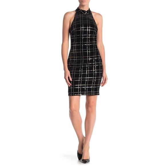 Alexia Admor Women’s Small Black Velvet Gold Silver Sequin Check Sheath Dress - Picture 1 of 8